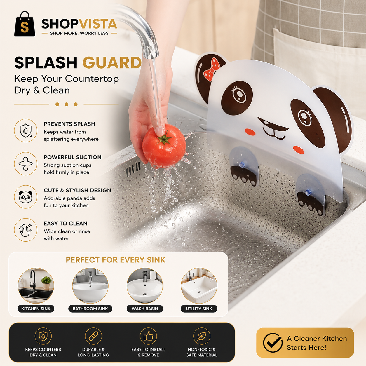 Cute Panda Sink Splash Guard for Kitchen & Bathroom Sinks