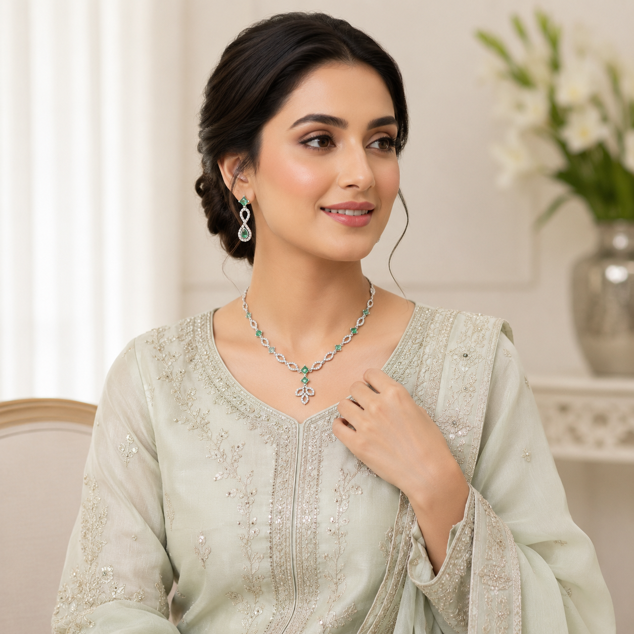 Emerald Green Crystal Floral Necklace & Earrings Set