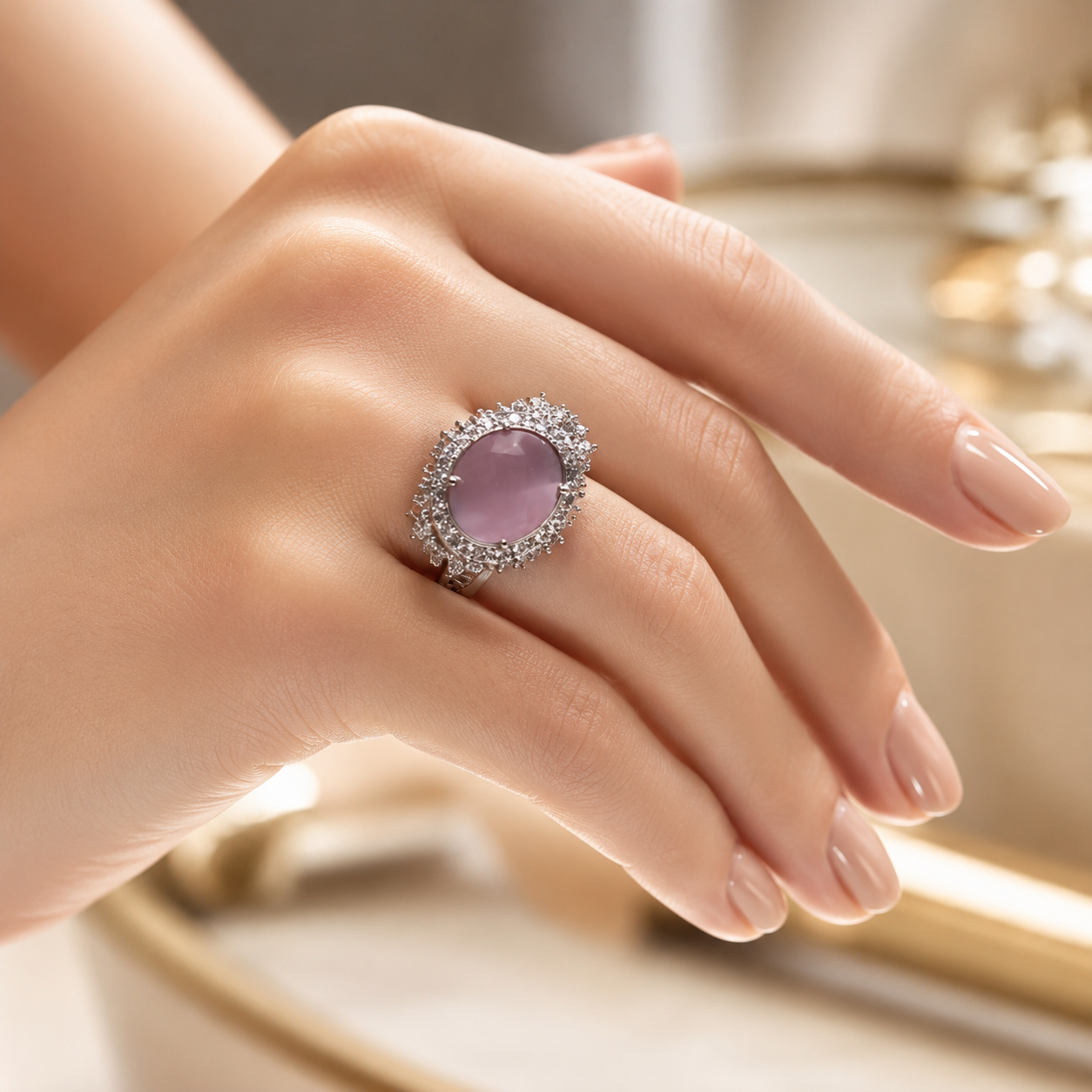 Lavender Oval Crystal Halo Statement Ring