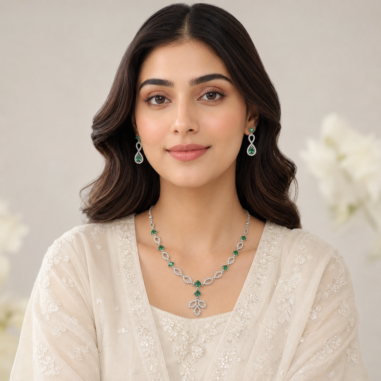Emerald Green Crystal Floral Necklace & Earrings Set