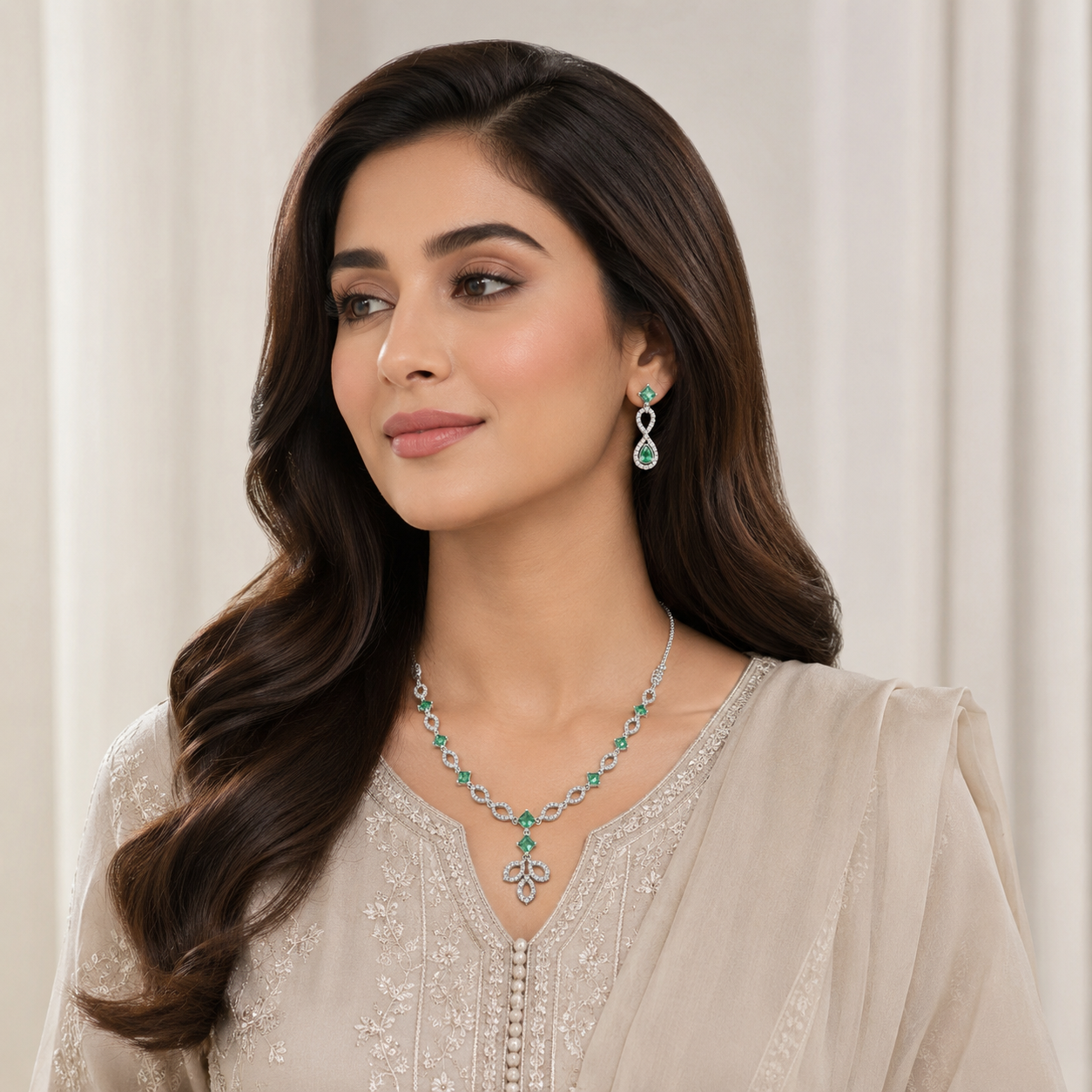 Emerald Green Crystal Floral Necklace & Earrings Set