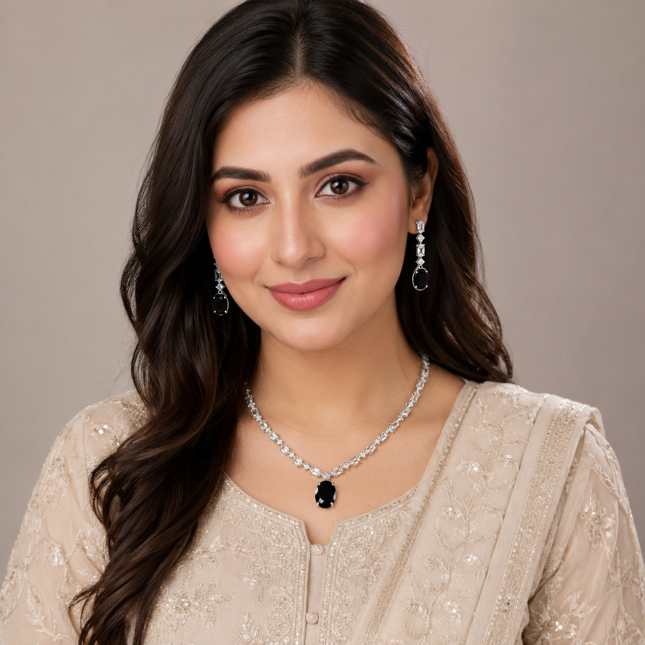 Midnight Black Crystal Necklace & Drop Earrings Set