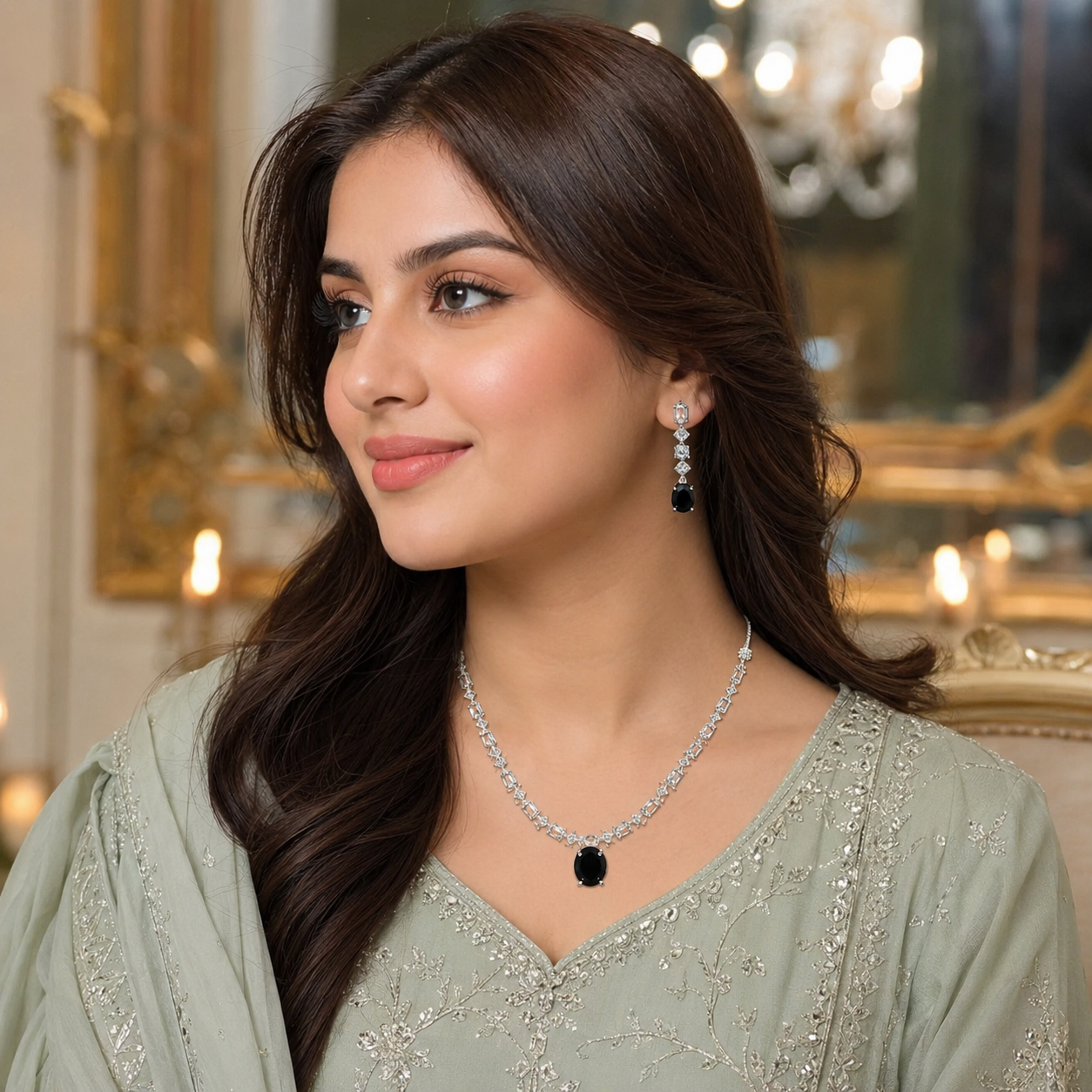 Midnight Black Crystal Necklace & Drop Earrings Set