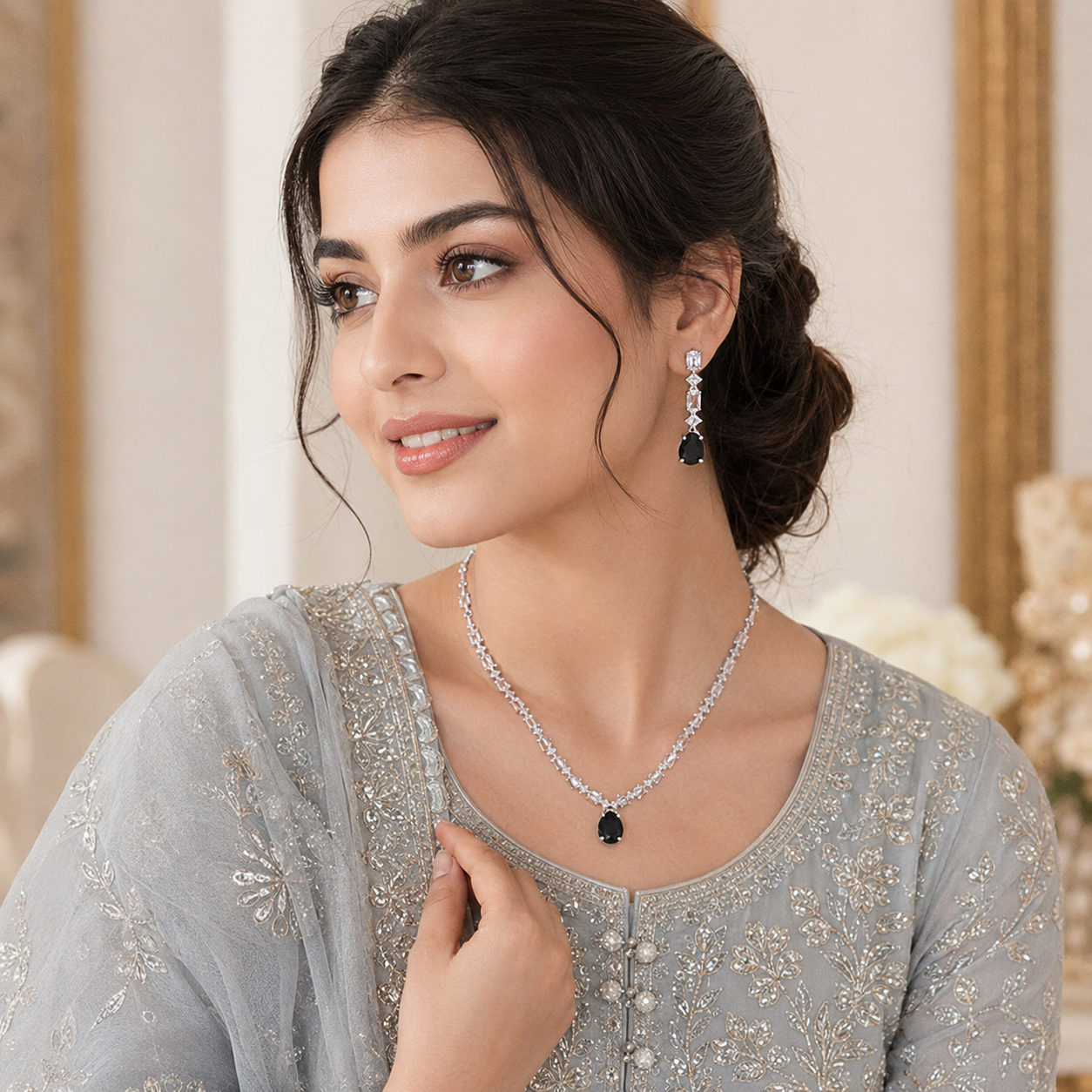 Midnight Black Crystal Necklace & Drop Earrings Set