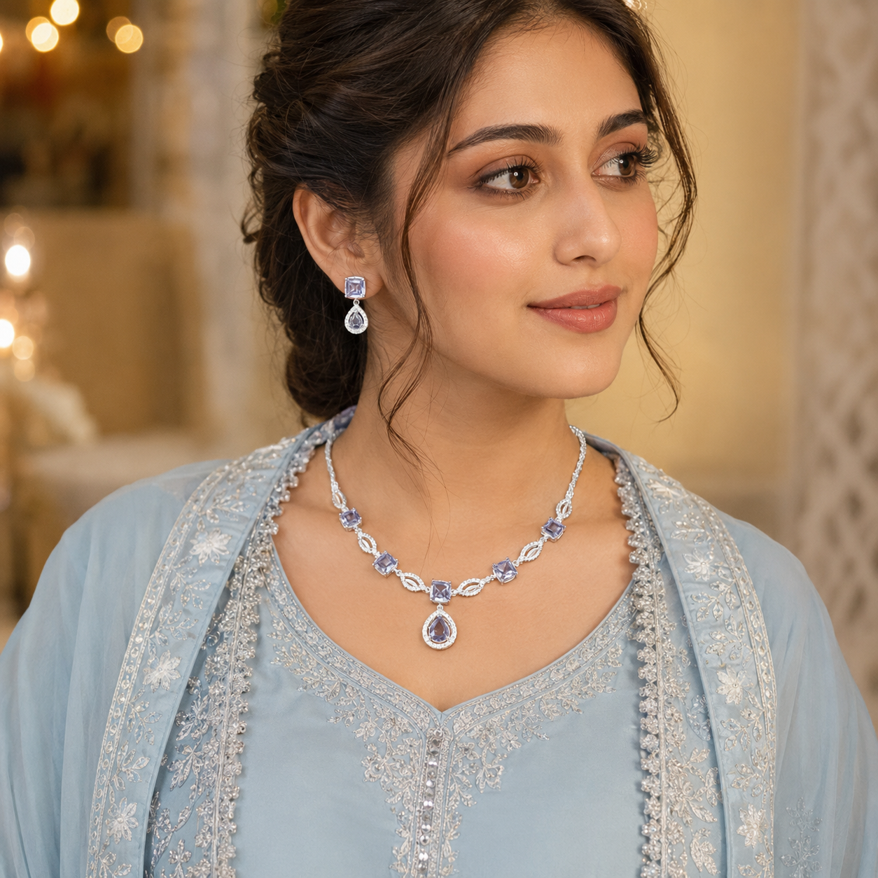 Lavender Crystal Silver-Tone Necklace & Earrings Set