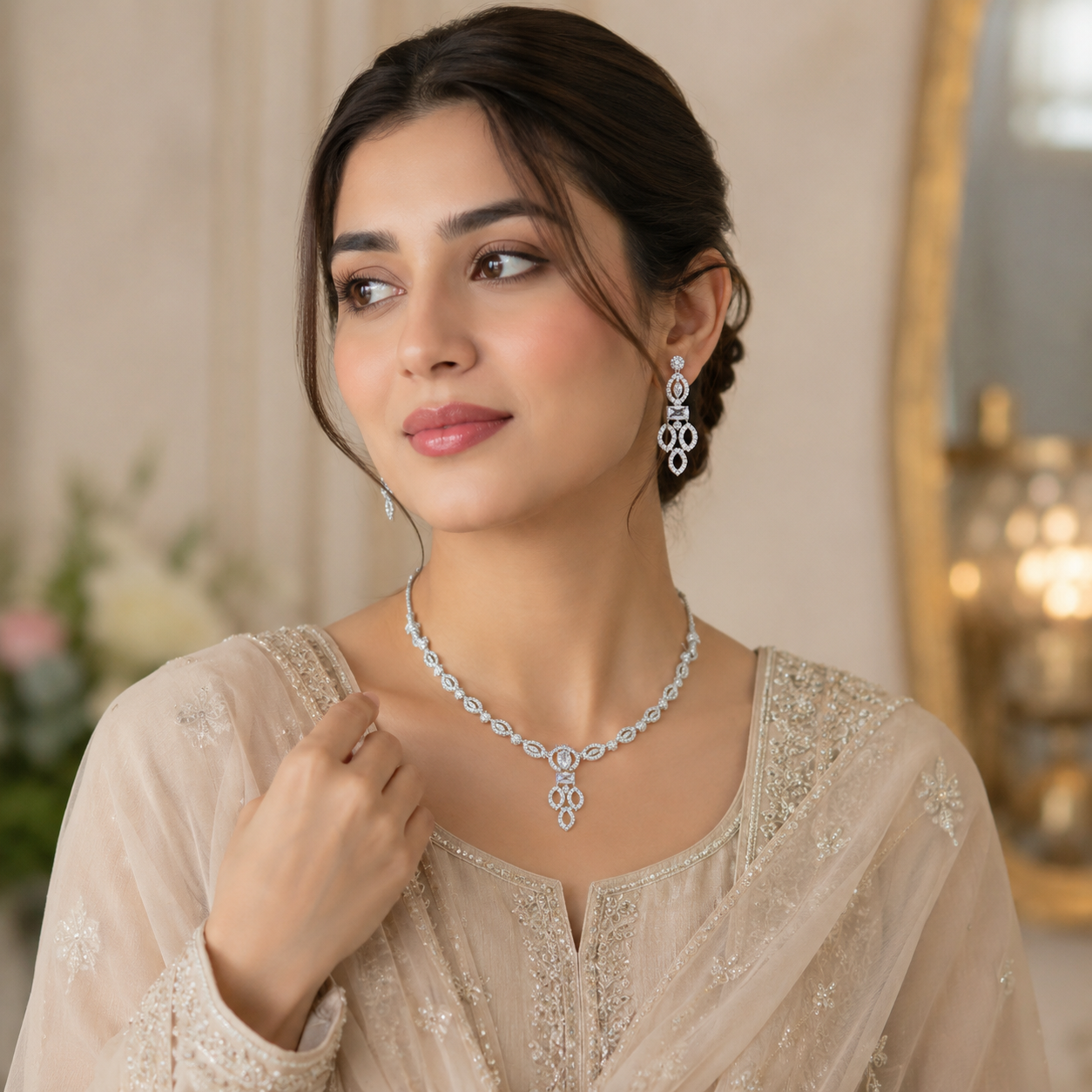 Radiant Crystal Leaf Necklace & Earrings Set