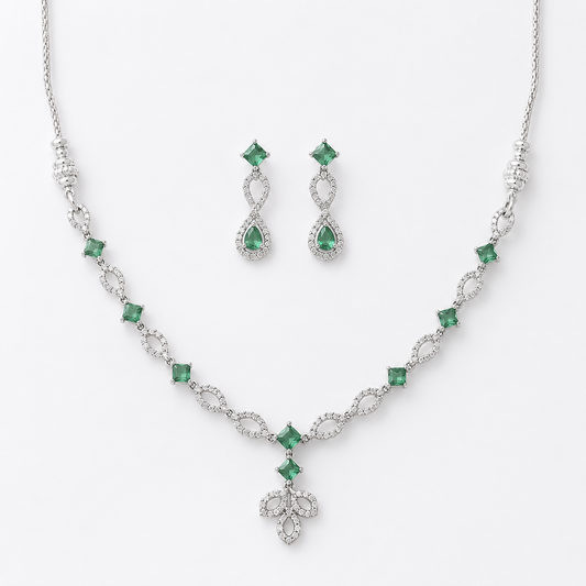 Emerald Green Crystal Floral Necklace & Earrings Set